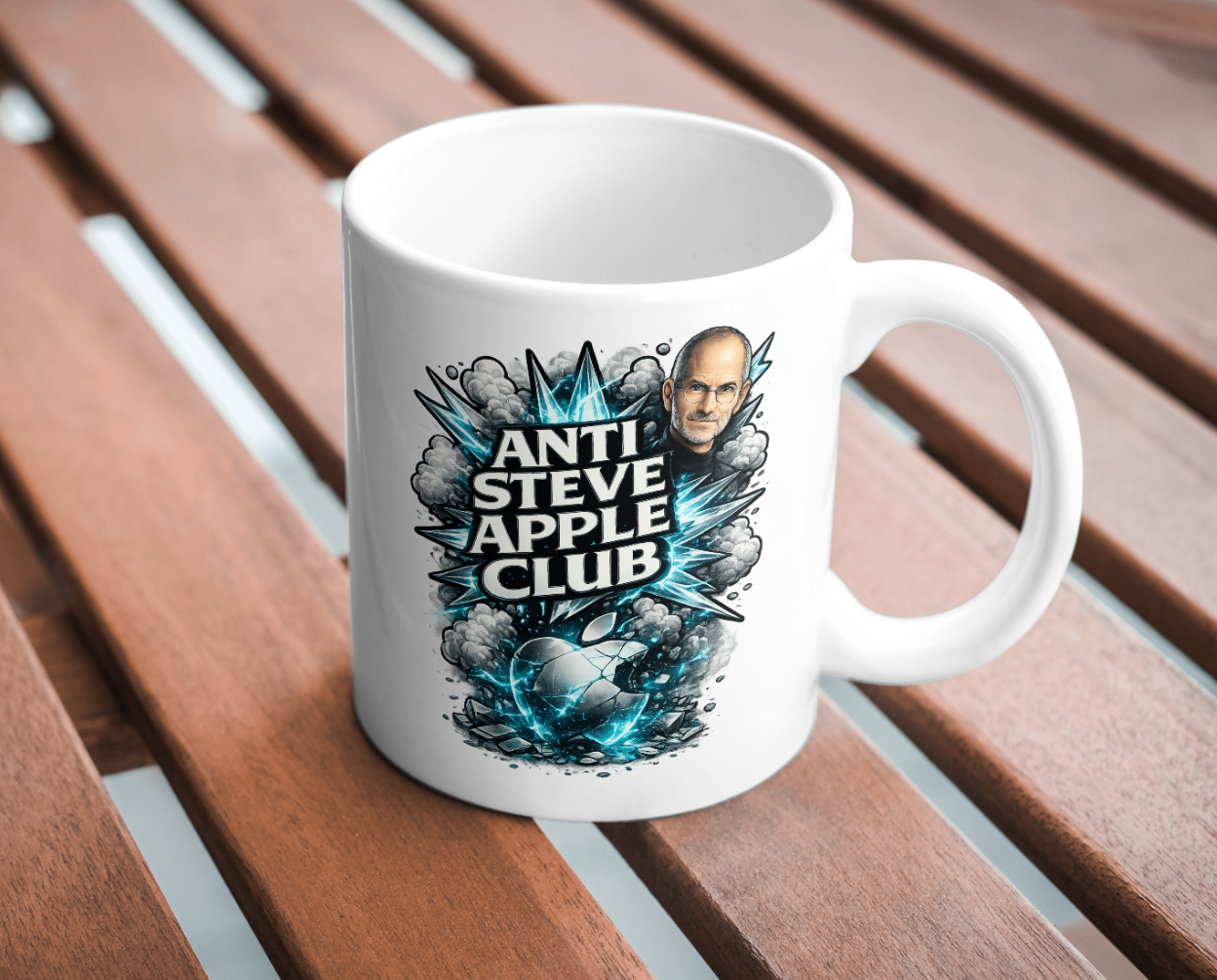 Anti Steve Apple Club Mug – Bold Tech Satire Coffee Cup, Blue Explosive Graphic Ceramic Statement