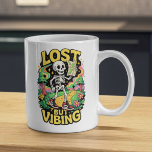Lost But Vibing Mug – Skeleton Traveler Psychedelic Design