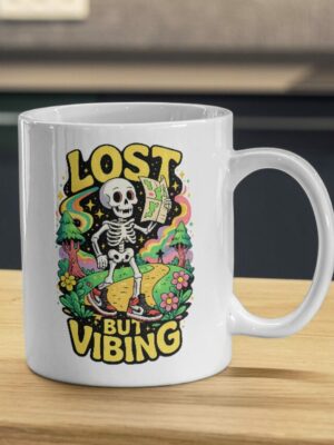 Lost But Vibing Mug – Skeleton Traveler Psychedelic Design