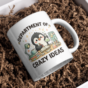 Department of Crazy Ideas Mug – Cute Penguin Scientist Desk Design