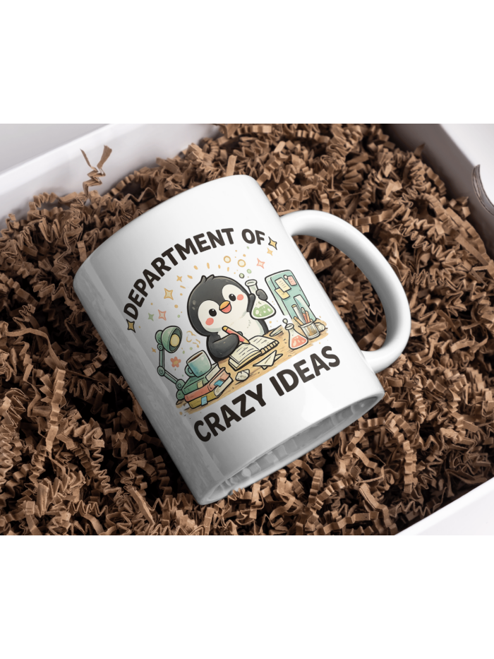 Department of Crazy Ideas Mug – Cute Penguin Scientist Desk Design
