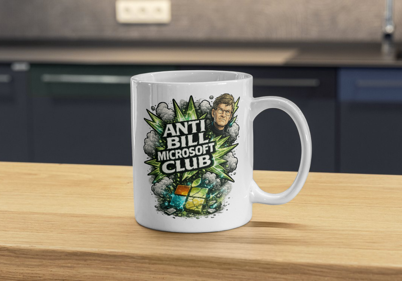 Anti Bill Microsoft Club Mug – Bold Tech Protest Coffee Cup, Green Explosive Graphic Ceramic