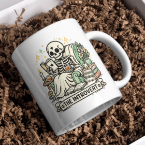 The Introvert Mug – Skeleton Reading Cozy Dark Academia Coffee Cup