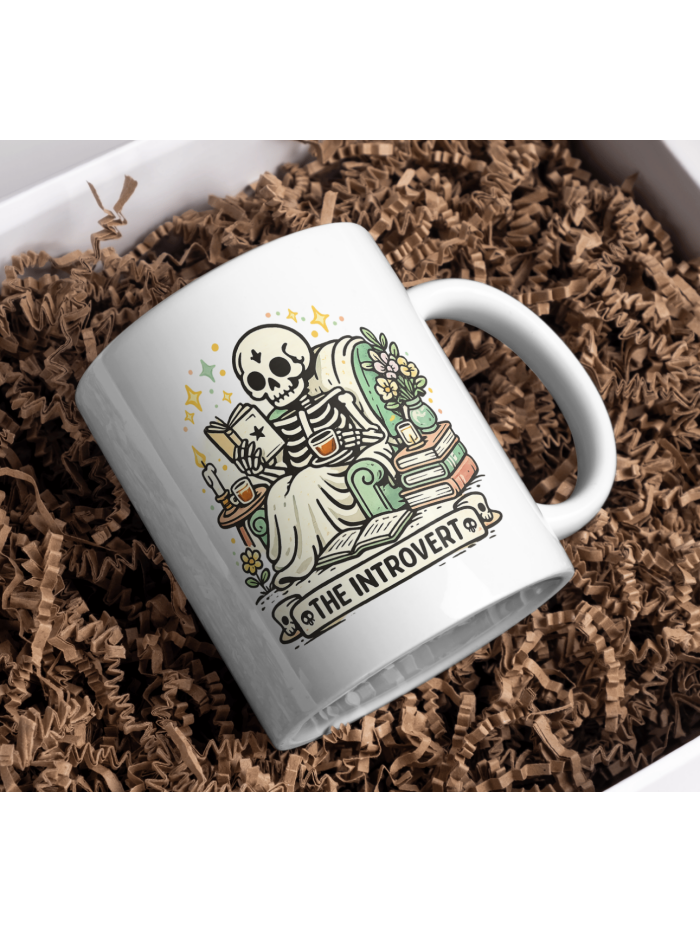The Introvert Mug – Skeleton Reading Cozy Dark Academia Coffee Cup