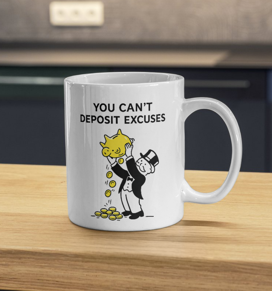 You Can’t Deposit Excuses Mug – Piggy Bank Motivation Money Humor Cup
