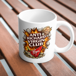 Anti Richard Virgin Club Mug – Bold Business Satire Coffee Cup, Fiery Explosive Ceramic Statement