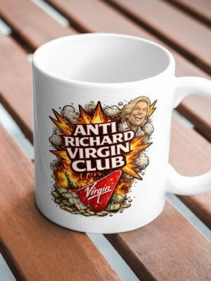 Anti Richard Virgin Club Mug – Bold Business Satire Coffee Cup, Fiery Explosive Ceramic Statement