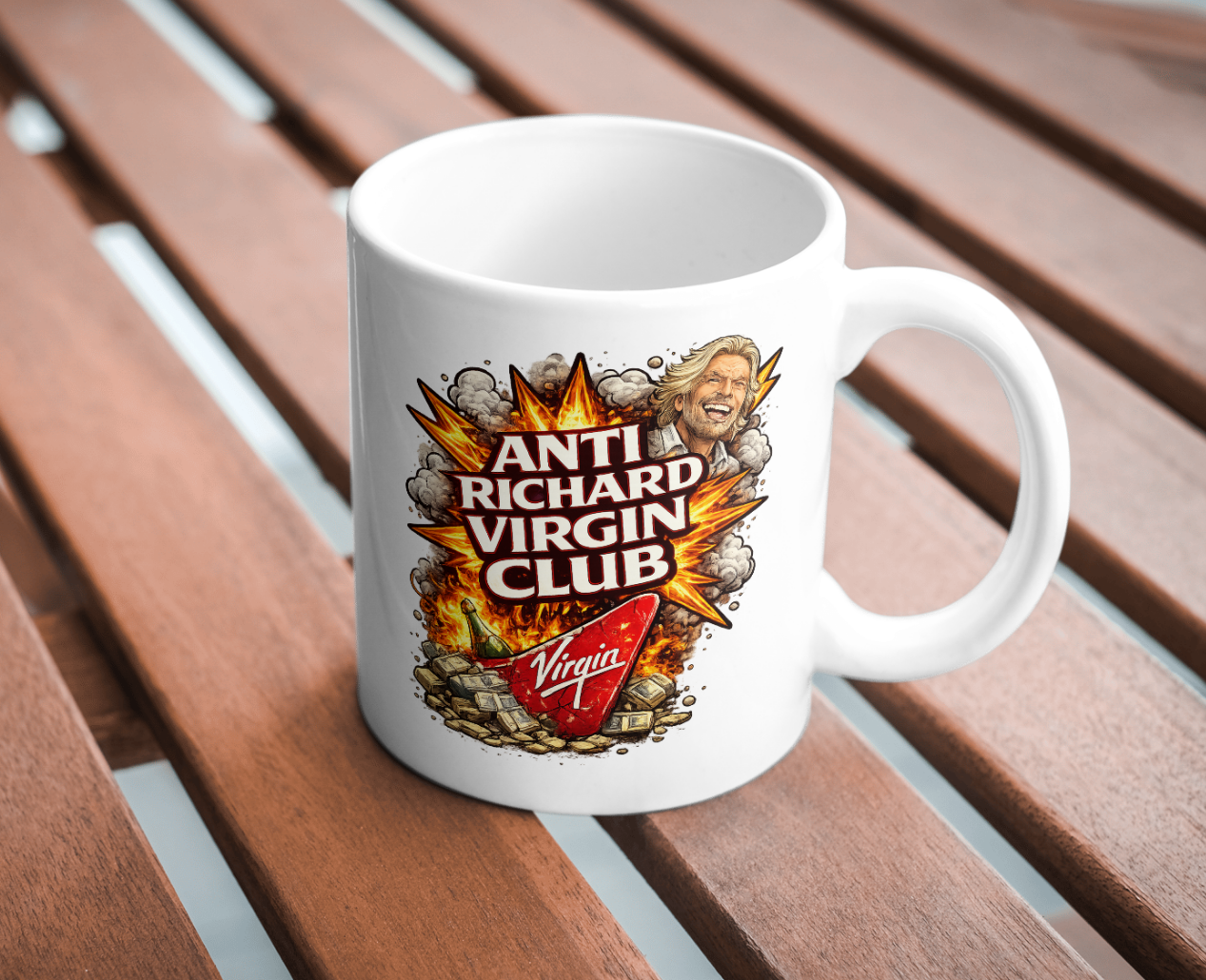 Anti Richard Virgin Club Mug – Bold Business Satire Coffee Cup, Fiery Explosive Ceramic Statement