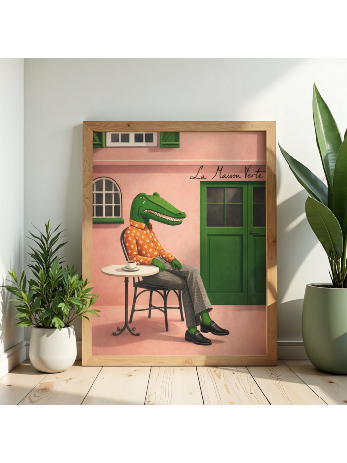 Stylish Crocodile Café Wall Art Print – French Bistro Illustration, Whimsical Animal Portrait, Modern Surreal Decor