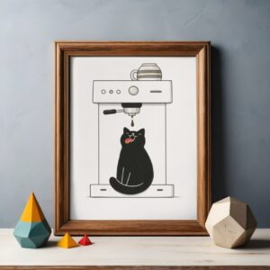 Cat Espresso Wall Art Print – Minimal Coffee Illustration, Modern Kitchen Decor