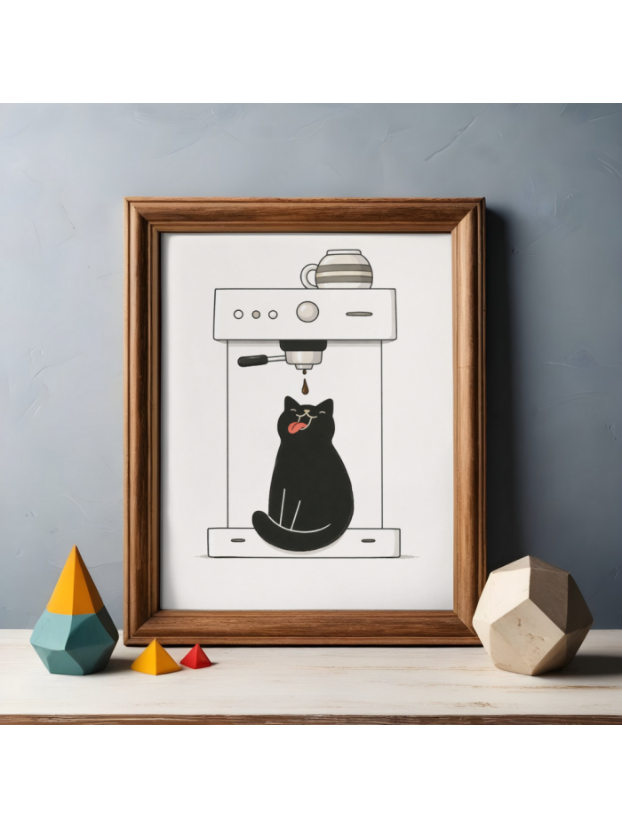 Cat Espresso Wall Art Print – Minimal Coffee Illustration, Modern Kitchen Decor