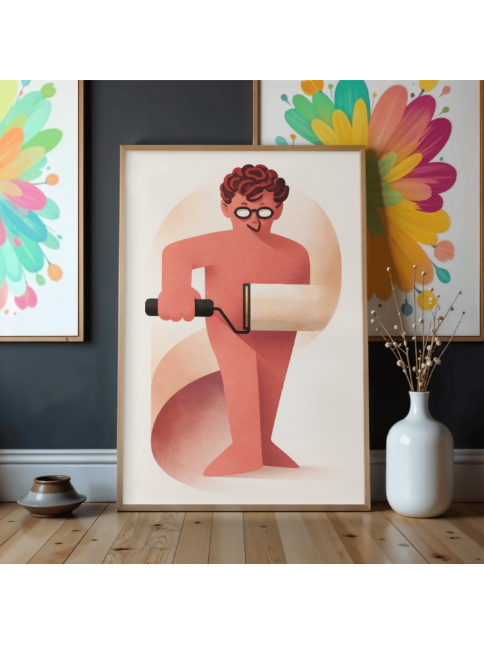 Modern Figurative Wall Art Print – Abstract Painter with Roller | Contemporary Minimalist Illustration