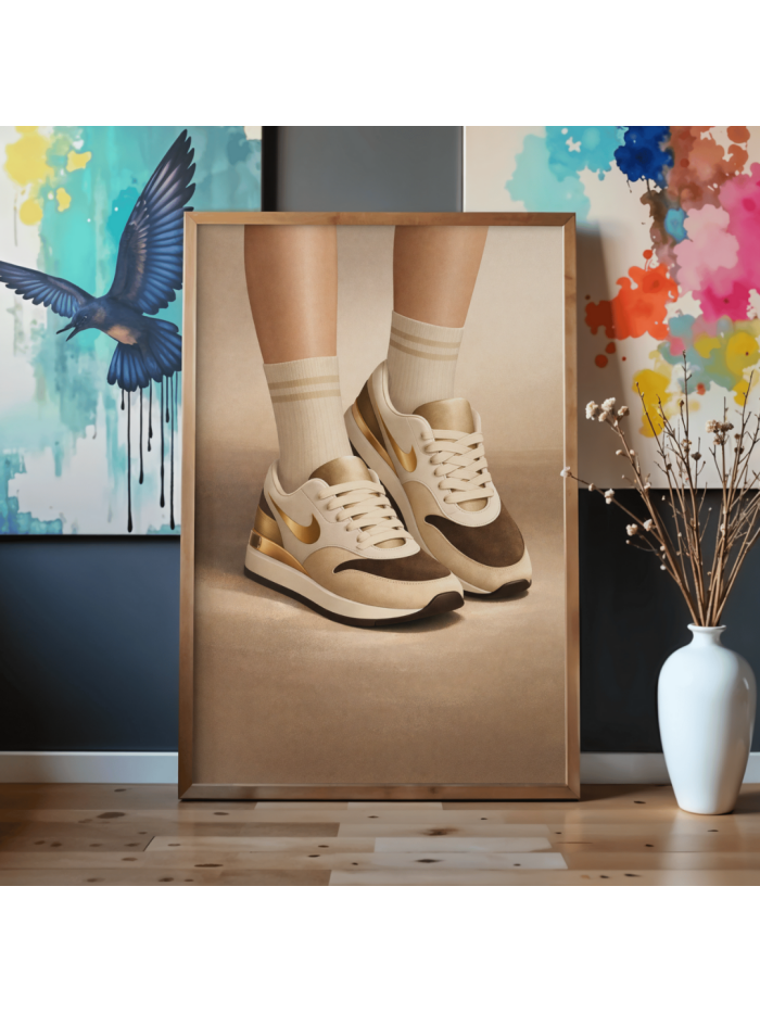 Golden Sneakers Wall Art Print – Minimal Luxury Footwear Illustration