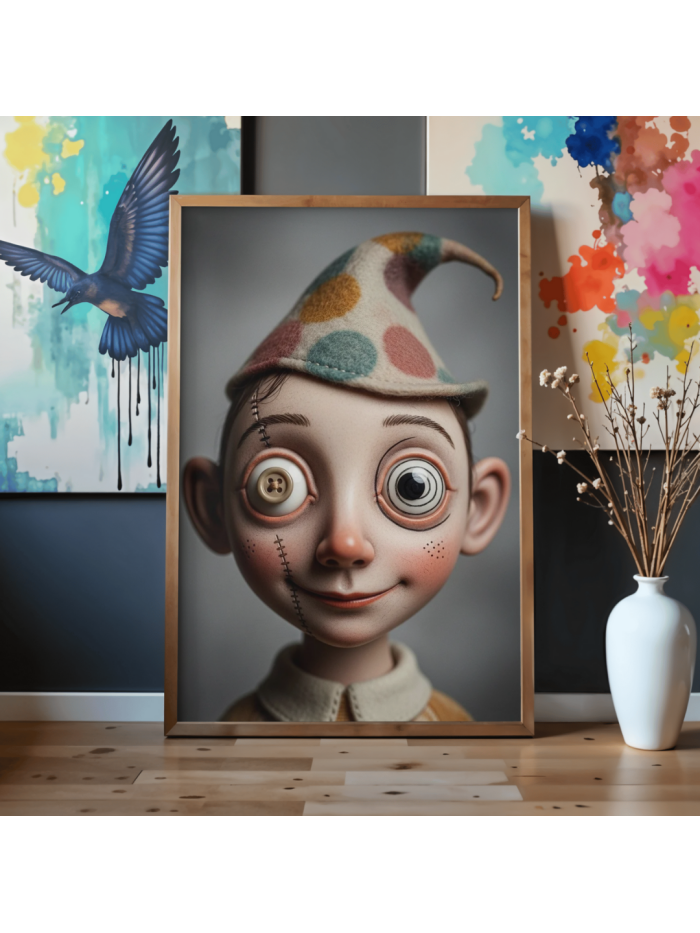 Whimsical Patchwork Doll Portrait Surreal Wall Art Print