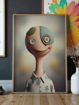 Button Eye Smile Minimal Surreal Character Wall Art Print