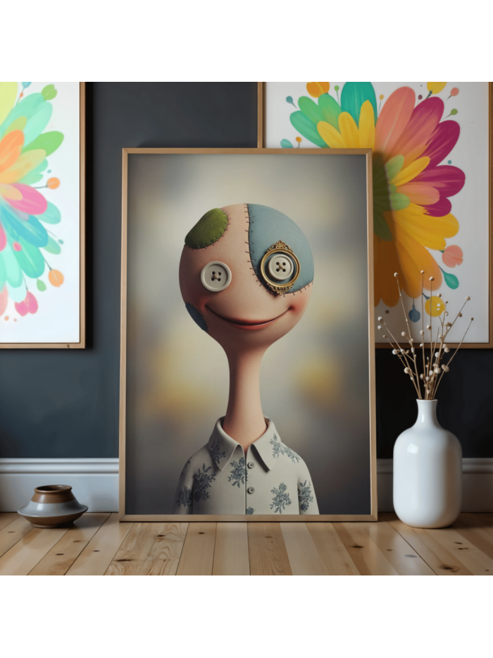 Button Eye Smile Minimal Surreal Character Wall Art Print