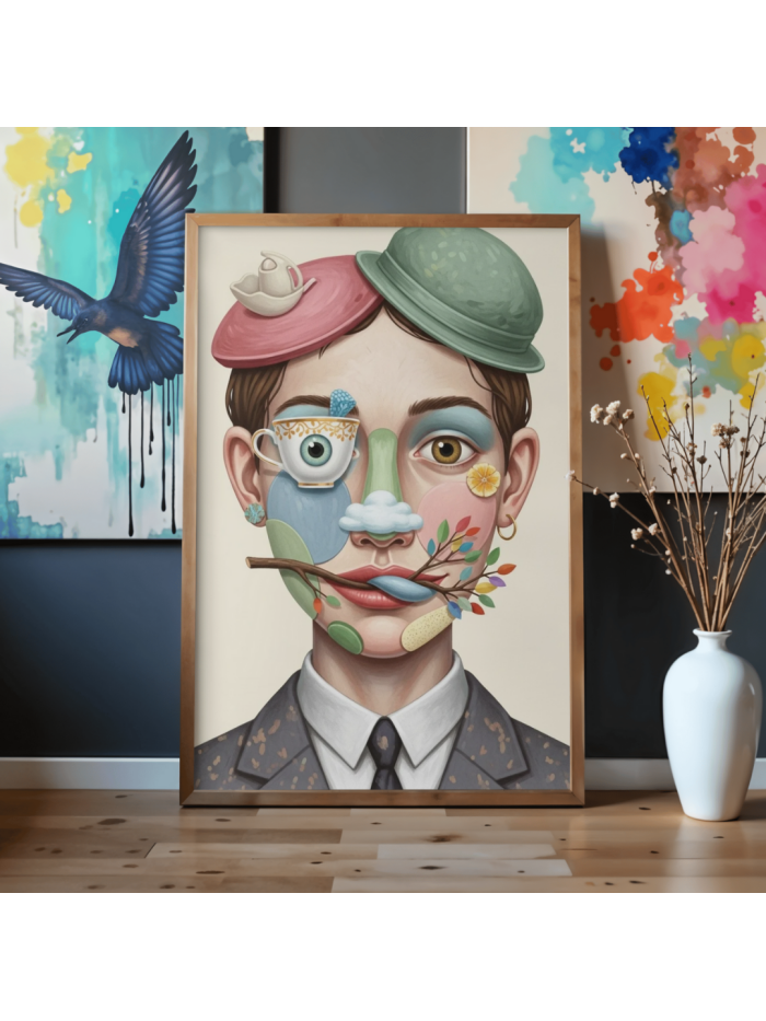 Assembled Thoughts – Whimsical Surreal Face Illustration Wall Art Print
