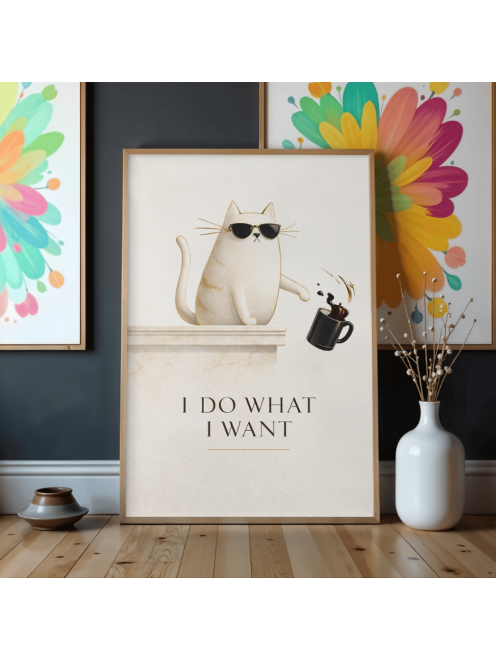 I Do What I Want Cat Wall Art Print | Sunglasses Cat Minimal Humor Illustration