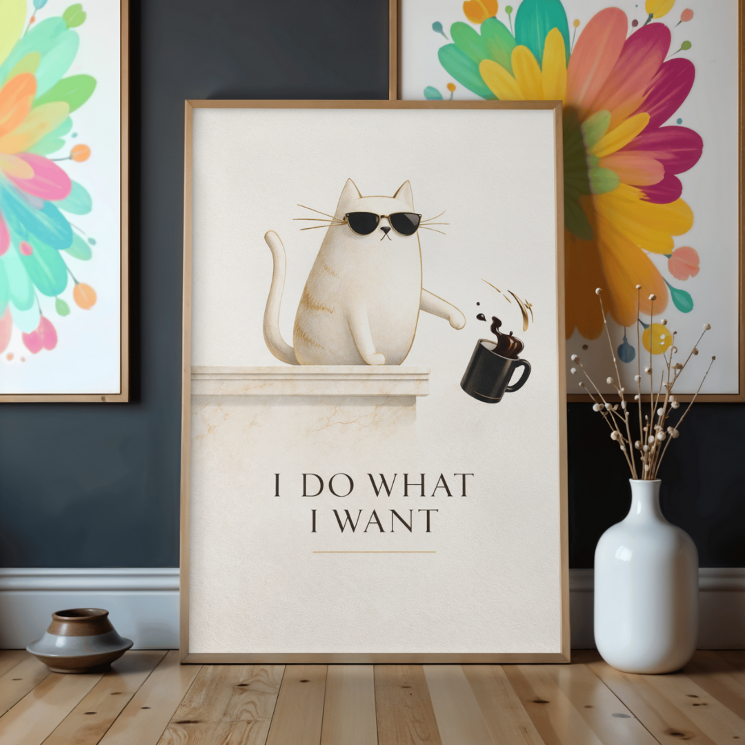 I Do What I Want Cat Wall Art Print | Sunglasses Cat Minimal Humor Illustration