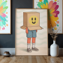 Smiley Box Head Wall Art Print – Playful Surreal Illustration, Modern Minimal Humor Decor