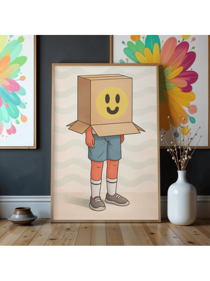 Smiley Box Head Wall Art Print – Playful Surreal Illustration, Modern Minimal Humor Decor