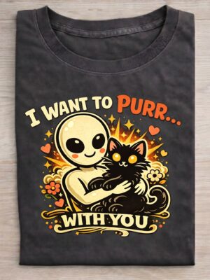 Cute Alien & Black Cat Premium Cotton T-Shirt | Soft Unisex Graphic Tee
