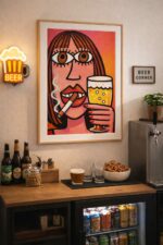 Bold Pop Art Woman Wall Art Print – Smoking Woman with Beer, Retro Feminine Illustration, Statement Bar & Living Room Decor
