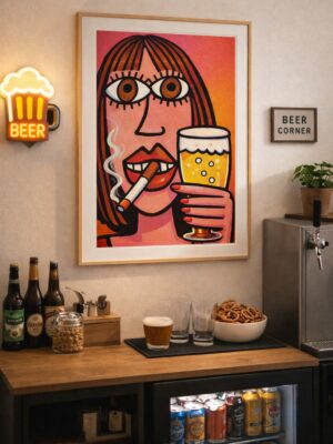 Bold Pop Art Woman Wall Art Print – Smoking Woman with Beer, Retro Feminine Illustration, Statement Bar & Living Room Decor
