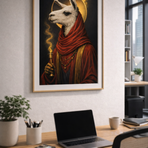 Mystical Llama Wall Art Print – Sacred Animal Portrait with Golden Halo, Dark Fantasy Surreal Illustration, Dramatic Statement Decor