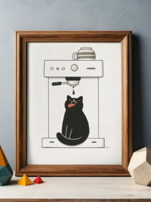 Cat Espresso Wall Art Print – Minimal Coffee Illustration, Modern Kitchen Decor