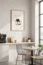 Cat-Puccino Wall Art Print – Cute Black Cat in Coffee Cup, Minimalist Coffee Illustration, Cozy Café & Kitchen Decor