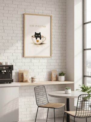 Cat-Puccino Wall Art Print – Cute Black Cat in Coffee Cup, Minimalist Coffee Illustration, Cozy Café & Kitchen Decor