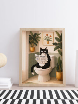 Cat Reading Newspaper Wall Art Print – Bathroom Humor Illustration