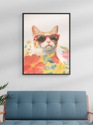 Cool Cat Floral Portrait Wall Art Print – Modern Botanical Illustration