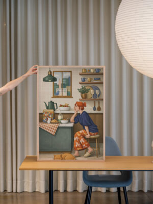 Cozy Morning Kitchen Wall Art Print – Woman at Breakfast Illustration, Warm Home Scene, Calm Everyday Life Decor