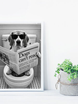 Dog Reading Newspaper Wall Art Print – Funny Black and White Photography, Bathroom Humor Decor