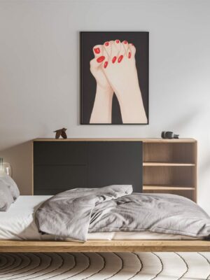 Feminine Power Wall Art Print – Red Nails Clenched Fists Minimalist Illustration