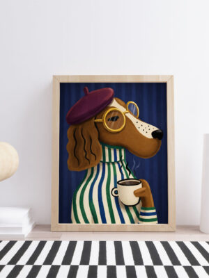 French Dog Coffee Wall Art Print – Stylish Dachshund Illustration, Cozy Morning Café Aesthetic, Whimsical Home Decor