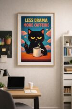 Funny Cat Coffee Wall Art Print – “Less Drama, More Caffeine” Poster, Retro Cat Illustration, Bold Kitchen & Office Decor