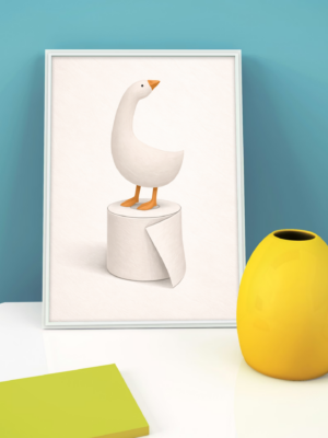 Goose on Toilet Wall Art Print – Absurd Minimalist Bathroom Illustration