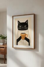 Grumpy Cat Coffee Illustration Print – Minimalist Morning Humor Wall Art