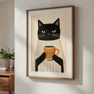Grumpy Cat Coffee Illustration Print – Minimalist Morning Humor Wall Art