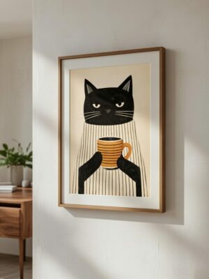 Grumpy Cat Coffee Illustration Print – Minimalist Morning Humor Wall Art