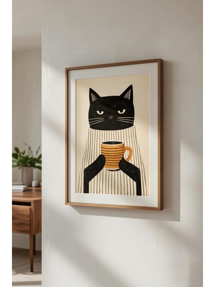 Grumpy Cat Coffee Illustration Print – Minimalist Morning Humor Wall Art