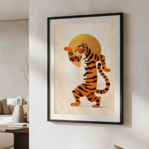 Dancing Tiger Sun Art Print – Playful Modern Animal Illustration