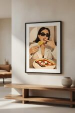 Woman Eating Pizza Art Print – Stylish Modern Lifestyle Illustration