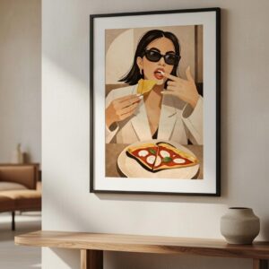 Woman Eating Pizza Art Print – Stylish Modern Lifestyle Illustration