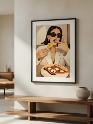 Woman Eating Pizza Art Print – Stylish Modern Lifestyle Illustration