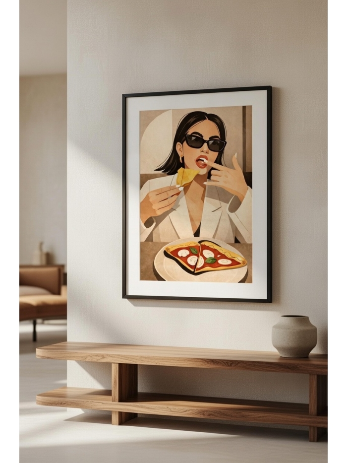 Woman Eating Pizza Art Print – Stylish Modern Lifestyle Illustration