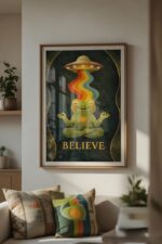 Meditating Frog UFO Art Print – Whimsical Cosmic Illustration